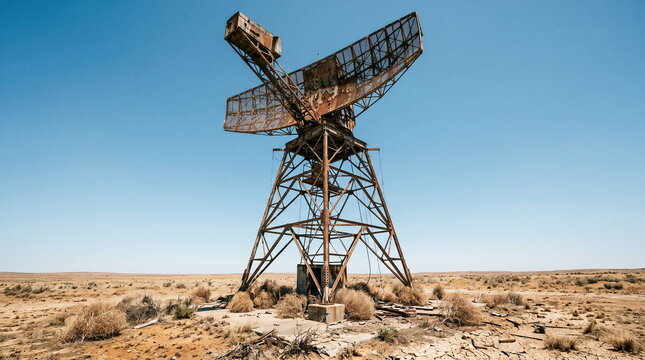 Abandoned satellite dish, rusty decaying structure in arid desert landscape under clear sky, obsolete technology and desolation concept.