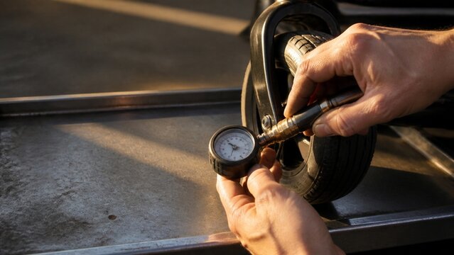 Close up of adult male hands using a manual tire pressure gauge, checking electric scooter wheel, outdoor sunlight, automotive maintenance