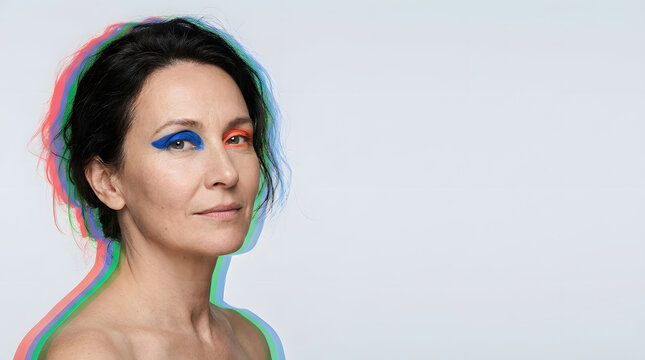 Glitchy Glam Mature Beauty Portrait with Blue Orange Eyeliner And Chromatic Shadow, Copy Space and Horizontal Composition