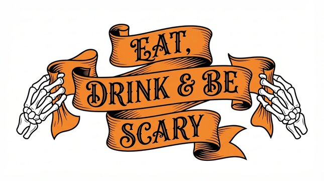 Eat drink and be scary text banner held by skeleton hands for halloween