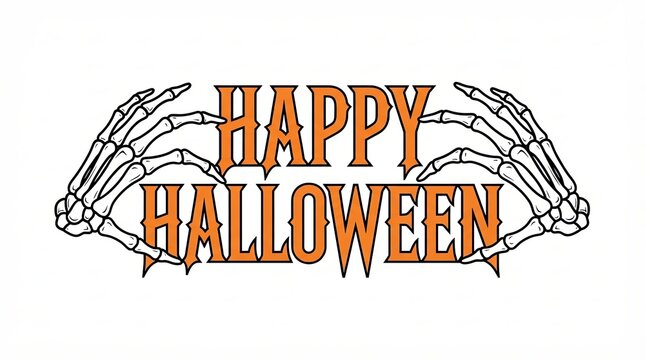 Happy halloween text design with spooky skeleton hands on white background