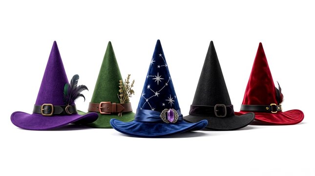 Magical velvet wizard hats with crystal gems and feathers arranged in a row against white background for fantasy RPG assets