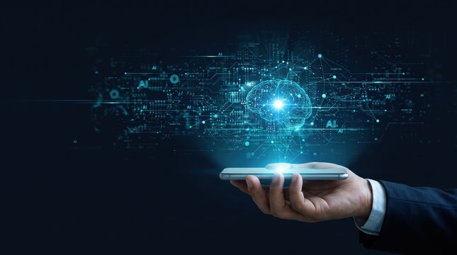 Hand holding smartphone emitting bright AI brain hologram with circuit patterns, representing mobile artificial intelligence applications, smart assistant technology