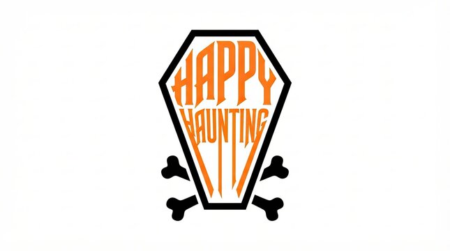 Happy haunting text inside a coffin shape with crossbones icon