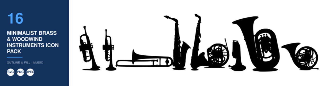 Minimalist Brass & Woodwind Instruments Icon Pack, Nameplate Design, Musical Instrument Set