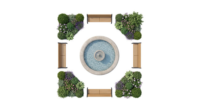 Top View Plan of Park Courtyard with Central Fountain and Benches