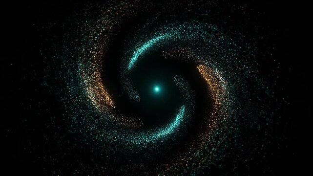 Colorful particle swirl forming spirals on a black background