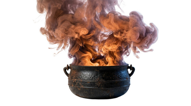 Black cauldron with magical potion and smoke explosion.
