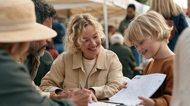 An astrologer reads birth charts for a multigenerational family unit gathered at an overcast outdoor fair, first sleepover adventure excitement radiating from a young child