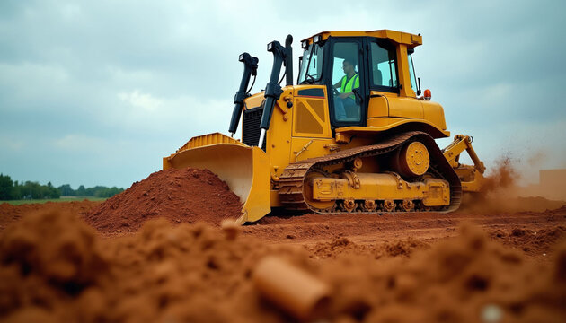 Yellow bulldozer levels ground at construction site. Heavy machinery operator drives tractor pushing red soil for road building project. Large industrial equipment clears dirt during land development
