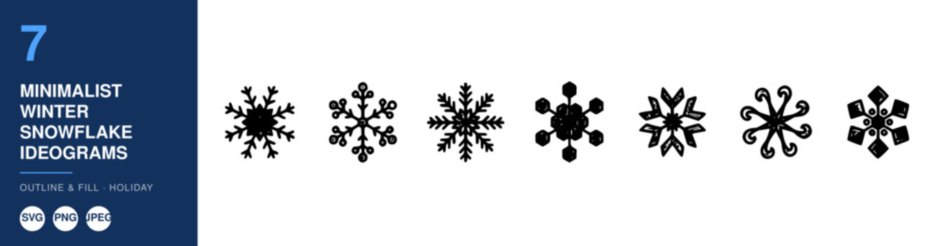 Minimalist Snowflake Ideograms Set, Winter Holiday Design Elements, Outline and Fill Icons, Svg Graphic Illustration.