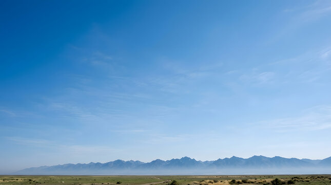 Vast desert landscape under a clear blue sky with distant mountains.