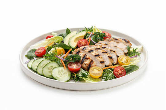 Fresh healthy plate of grilled chicken salad with avocado and cherry tomatoes