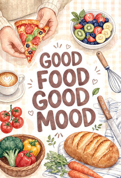 Colorful watercolor illustration of healthy and delicious food with good mood message and fresh ingredients