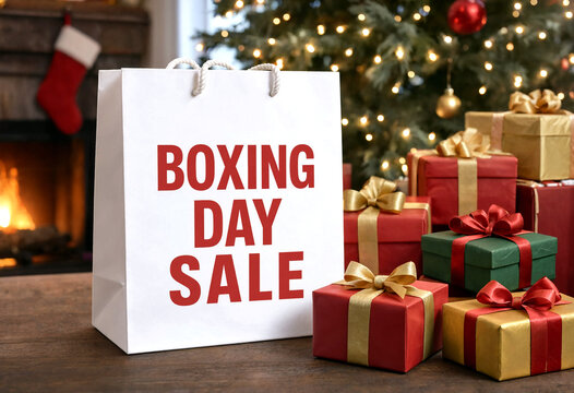 Festive holiday shopping scene with boxing day sale bag and wrapped gifts near christmas tree