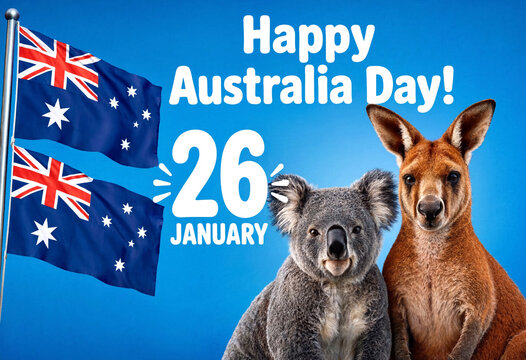 Happy australia day celebration with koala and kangaroo plus australian flags in background