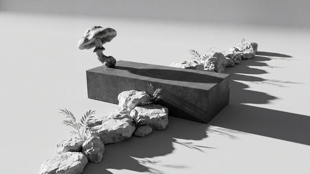 Mushroom standing on a rectangular podium platform surrounded by small rocks and wild leaves in a minimalist black and white studio setup casting long dramatic shadows across the background.