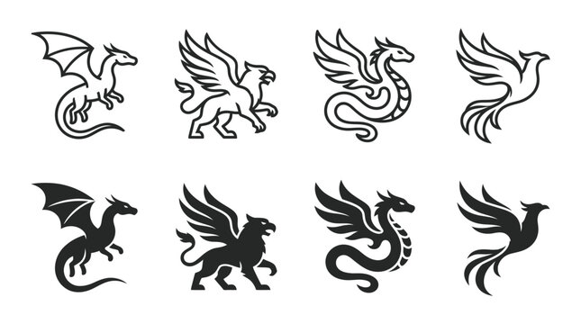 Mythical creatures and fantasy beasts outline and solid vector icon set with mythical creature medieval folklore