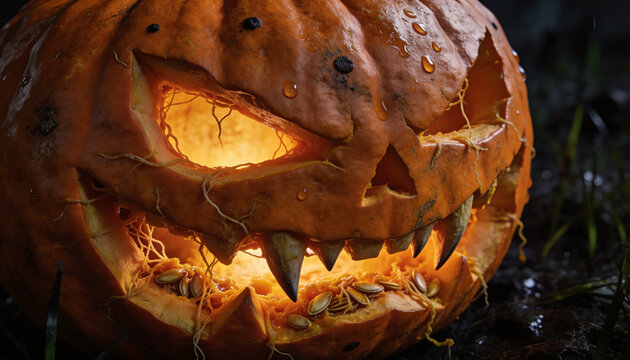 Scary glowing halloween pumpkin lantern, Spooky jack o lantern with fangs, Evil carved pumpkin face close up, Creepy halloween horror vegetable background, Glowing orange lantern for halloween night.