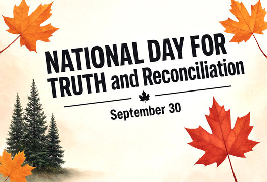 National day for truth and reconciliation poster with autumn leaves and evergreen trees design