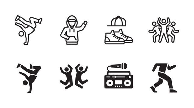 Set of hip hop dance icons featuring breakdancer hoodie sneakers ghetto blaster cap dancing people silhouettes, sneakers