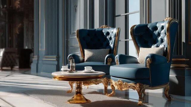 Regal Lounge Chairs: Two opulent blue velvet wingback armchairs with gilded accents flank a marble-top coffee table, creating an elegant and luxurious seating area in a sunlit room.
