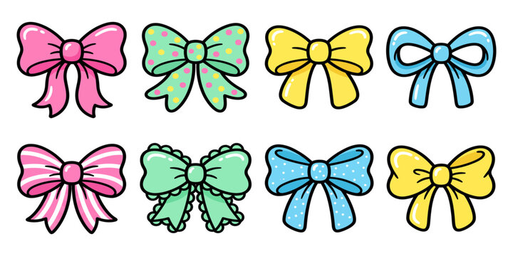 Set of Colorful Decorative Ribbon Bows in Cute Kawaii Style Hand Drawn Illustration Elements