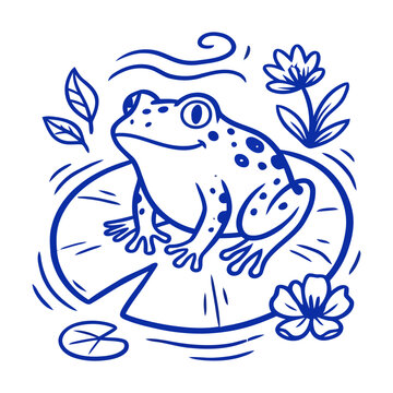 Minimalist blue outline illustration of a frog resting on a water lily leaf