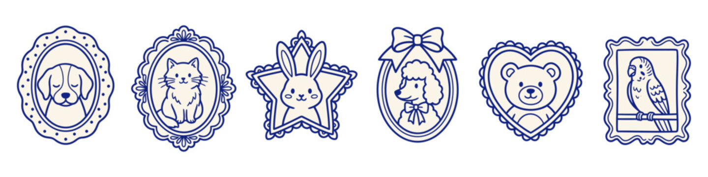 Collection of Decorative Frames Featuring Adorable Animal Portraits in Line Art Style