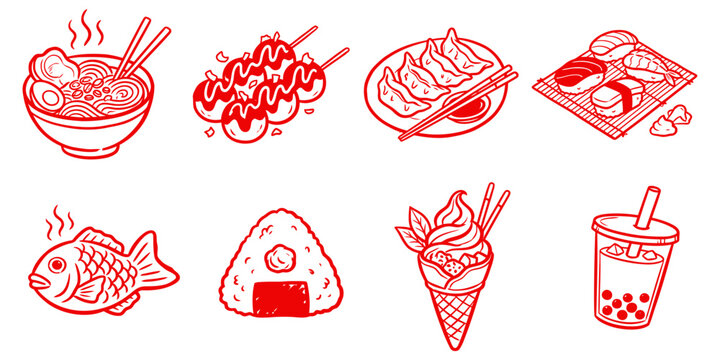 Minimalist red line drawing collection of traditional Japanese snacks and cuisine