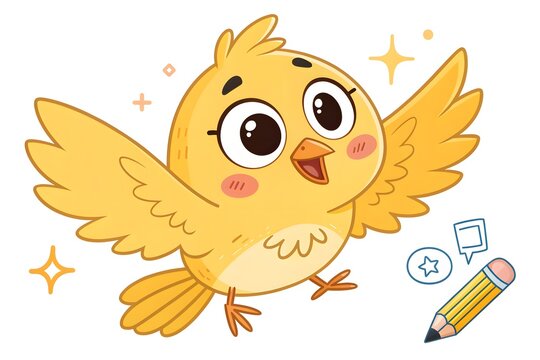 Cute yellow chick character flying with speech bubble and pencil