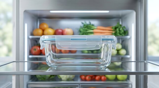 Empty glass food storage container sitting on a refrigerator shelf with fresh produce in the background