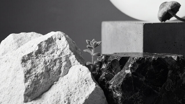 Stone display platform surrounded by rough mineral rocks, a small succulent, and a mushroom in a black and white studio setup.