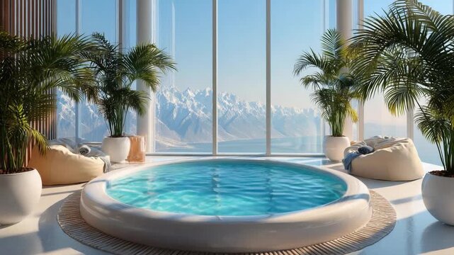 Luxury Spa Retreat: An inviting circular hot tub, surrounded by lush potted palm trees and comfortable beanbag chairs.
