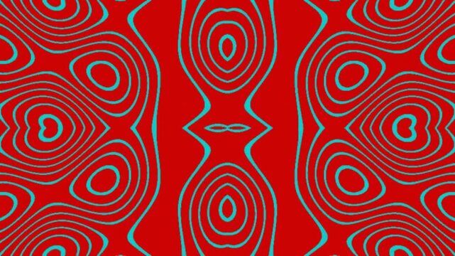 Topographic contour lines form a symmetrical wavy pattern over a bold red background.