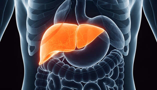 Human Liver Anatomy Medical Illustration with Digestive System