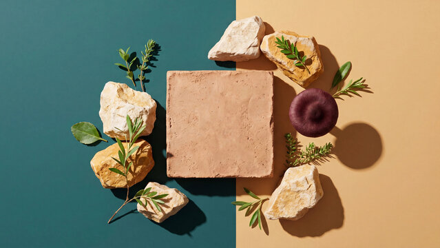 Terracotta square display pedestal surrounded by natural stones, botanical sprigs, and cosmetics on a split color background.