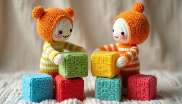 Two cute knitted dolls build small towers with colorful fabric cubes. Soft handmade characters play with vibrant blocks on light textile background. Educational kids game concept encourages learning