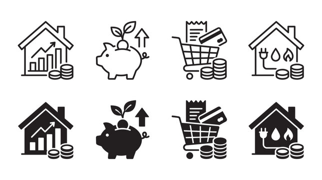 Real estate finance and utility cost icons featuring housing charts piggy bank savings grocery shopping cart household