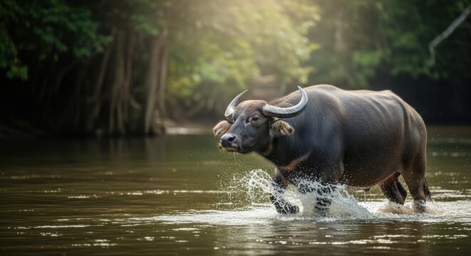 Water Buffalo Crossing Tropical River
