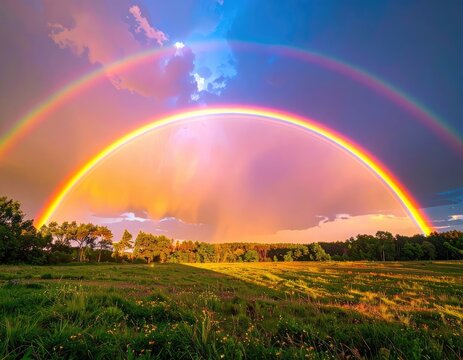 A stunning double rainbow arcs across a vibrant, cloud-filled sky over a lush green meadow.