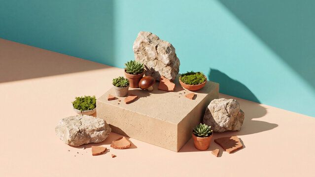 Succulents in terracotta pots stand on a rectangular beige podium surrounded by rough stones, clay fragments, and cast shadows against pastel background.