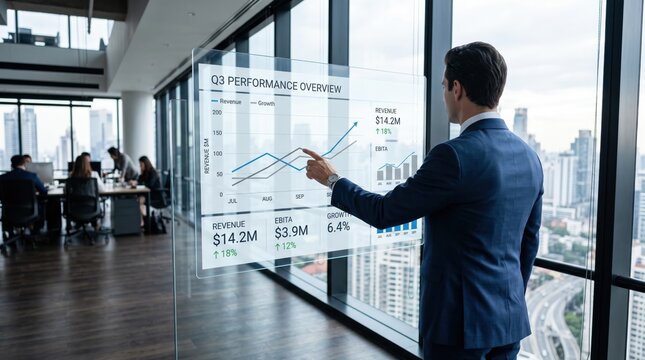 Executive analyzing Q3 performance dashboard on transparent glass screen in modern office, business growth revenue charts and financial data visualization.
