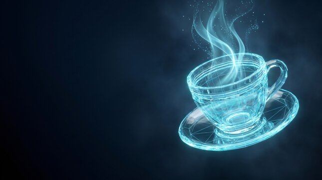 Hot coffee cup with steam hologram glowing digital wireframe cafe beverage morning concept illustration beverage hologram wireframe futuristic abstract rendering