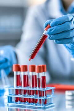 Scientist hand holding blood sample for medical research, vertical