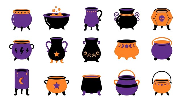 Collection of various witch cauldrons and magic pots for halloween celebration in purple and orange colors