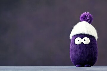 Fototapeta premium Purple stuffed toy with large eyes and winter hat