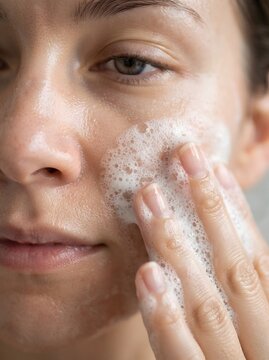AI generated young woman washing her face with rich white cleansing foam