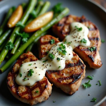 Grilled chicken breast topped with creamy sauce, green beans served on round plate. Healthy dinner dish contains protein, fresh vegetables. Delicious meal cooked for lunch supper. Closeup view of