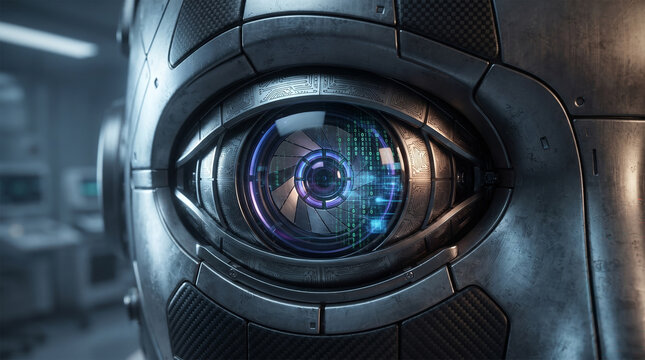 Futuristic robot eye close-up